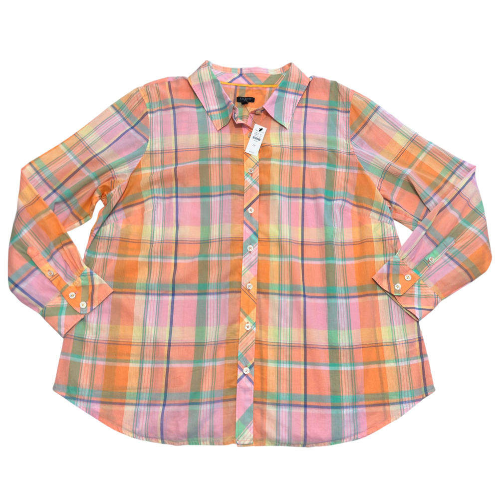 Talbots Plaid Cotton LS Button Shirt Womens 2X Pastel Lightweight Classic Preppy